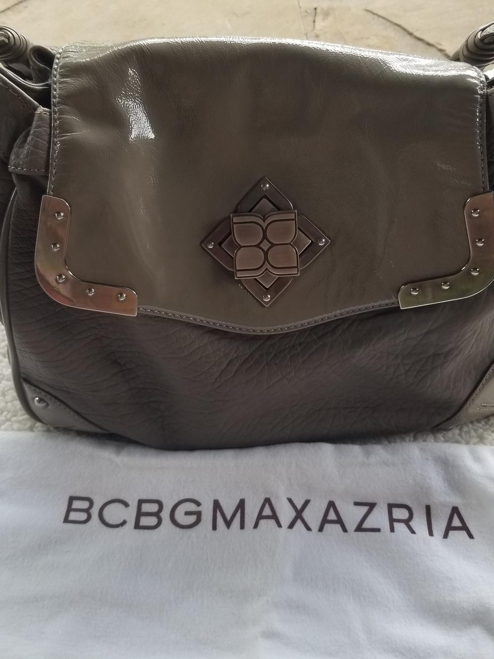 BCBGMAXAZRIA Taupe Leather Shoulder Bag with Logo Plaque & Dust Bag